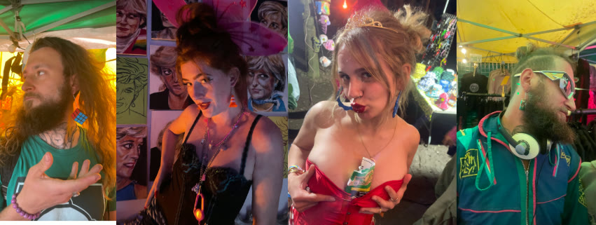 Festival-goers wearing Jewels Deep earrings and accessories